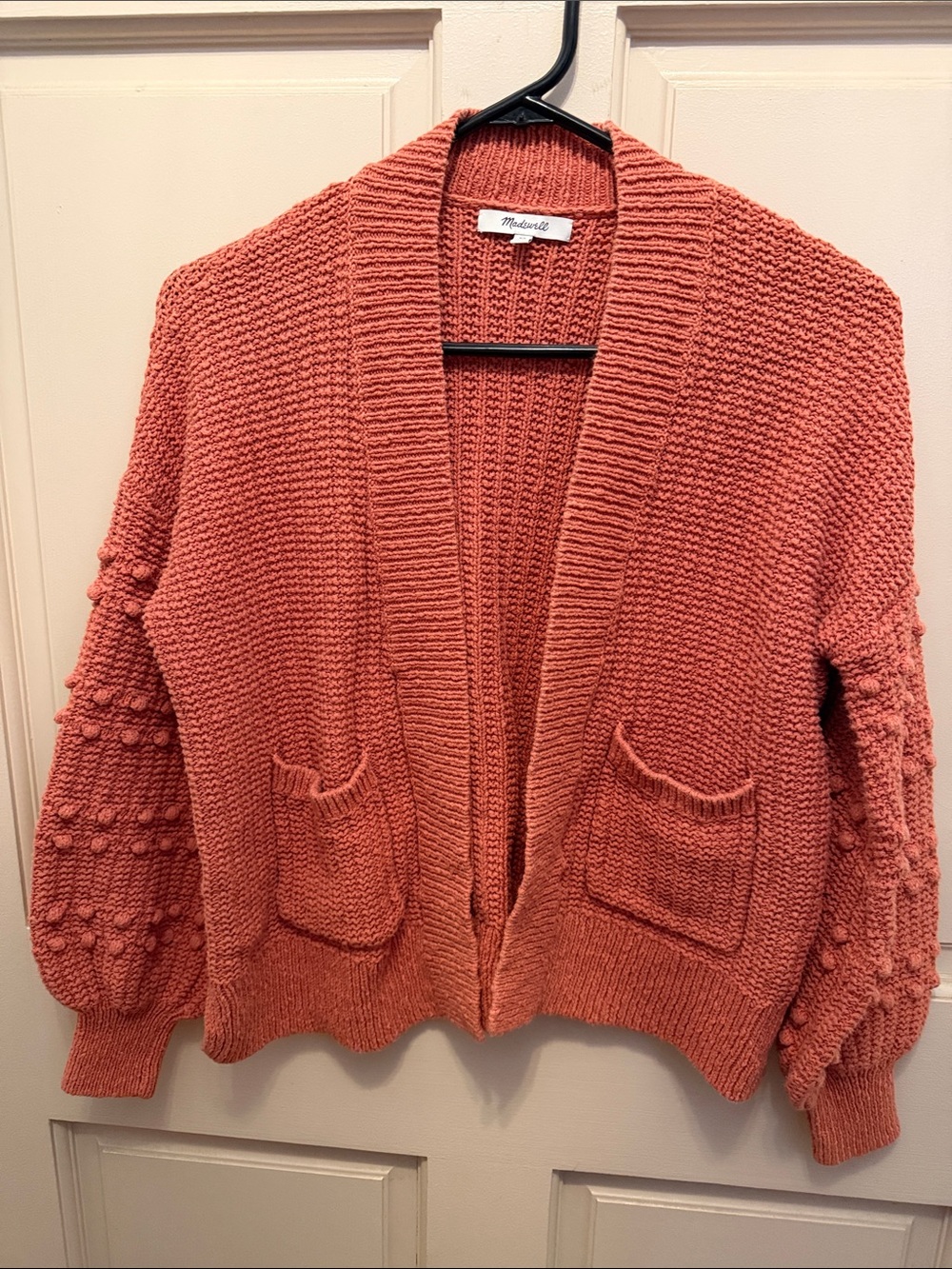 Madewell Coral-Orange Knit Open Cardigan with Bubble Sleeves